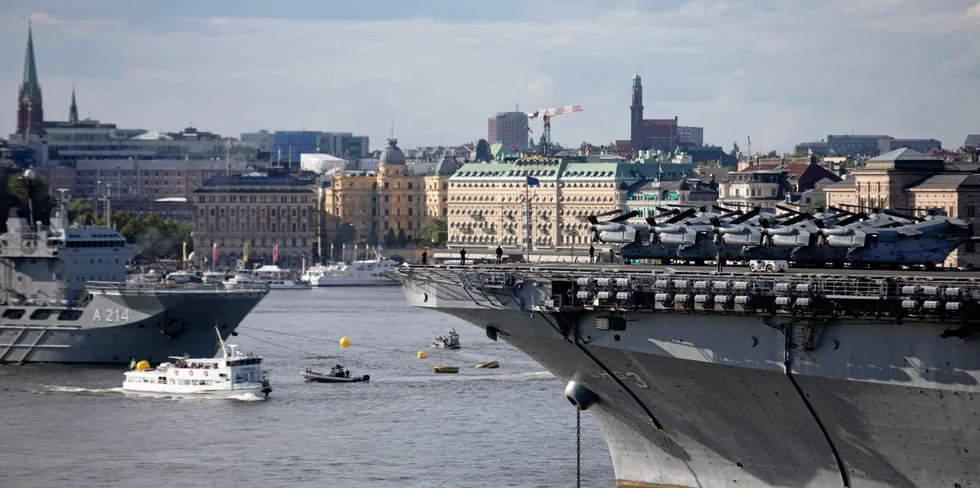 US Navy amphibious assault ship USS Kearsarge at Stockholm harbour during an exercise.