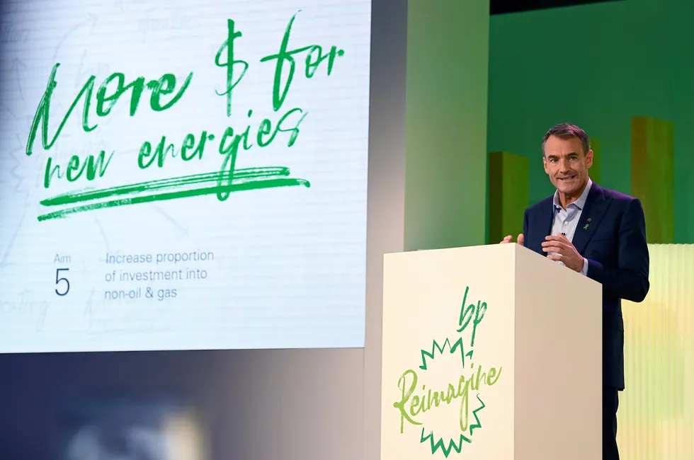 BP CEO Bernard Looney at the event in London in February 2020 when he announced the company's emissions-reduction targets, which he backtracked on this week.