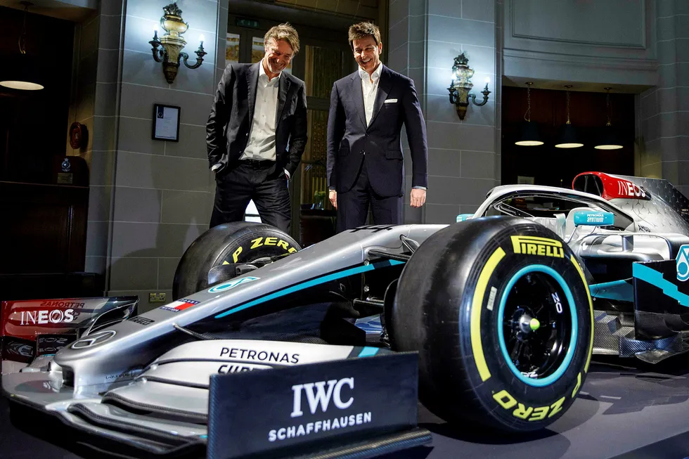 Driving seat: Ineos chairman Jim Ratcliffe (right) and Mercedes AMG Petronas F1 Team's team principal Toto Wolff during a media event to reveal the team's new livery for the 2020 season, which has been derailed by Covid-19