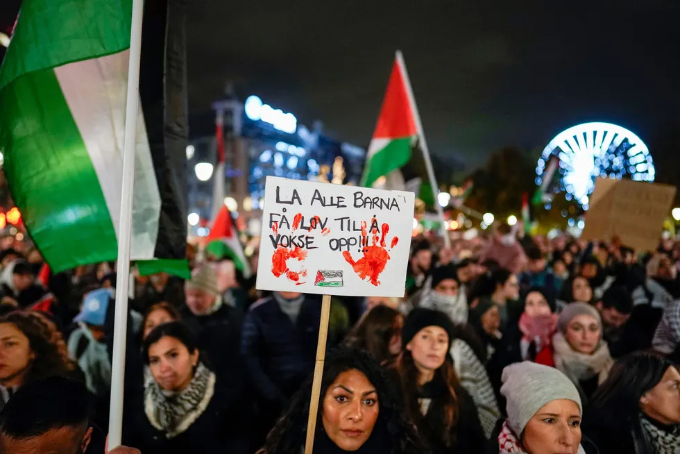 Palestinakomiteen med demonstrasjon for Gaza og for et fritt Palestina utenfor Stortinget. Vi får håpe at Palestina er en stat som kommer, skriver artikkelforfatteren.