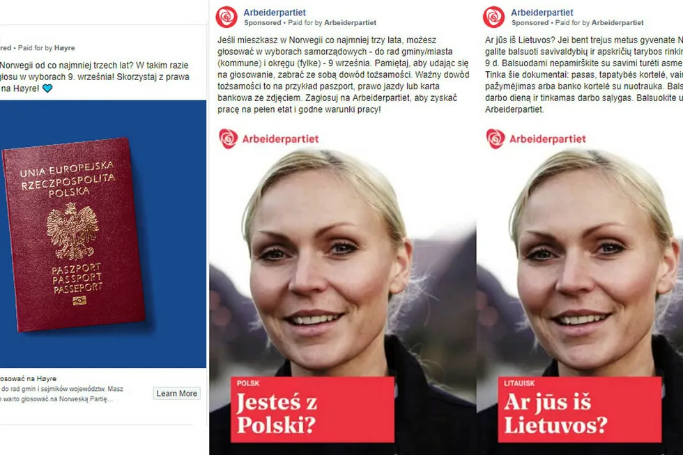 De siste årene har bruken av politiske annonser på Facebook eksplodert. Siden 2015 har Høyres digitalbudsjett økt fra 500.000 til to millioner kroner. Her eksempler på innlegg fra Høyre og Arbeiderpartiet som retter seg mot polsk- og litauiskspråklige velgere.