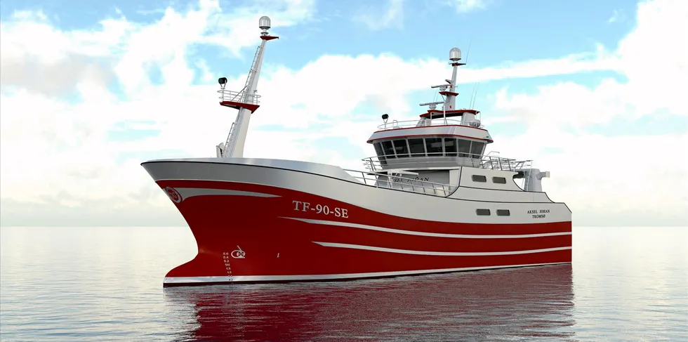 Dataanimasjon av hvordan nybygget «Aksel Johan» vil se ut når båten på vel 39 meter overleveres rederiet Berg Fisk AS i Senjahopen.