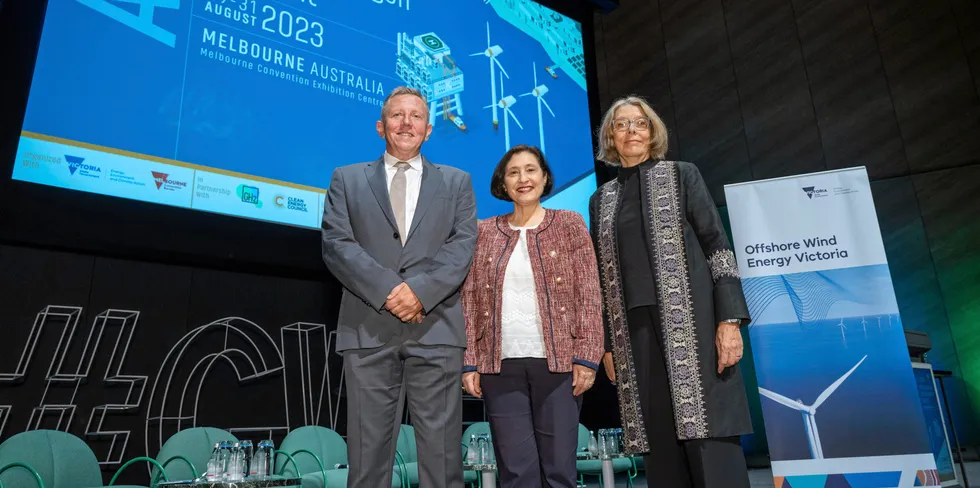 Ben Backwell, CEO, GWEC (L), Lily D’Ambrosio, Victorian Minister for Energy and Resources (C) and Pernille Dahler Kardel, Danish Ambassador to Australia (R) at GWEC's APAC Offshore Wind and Green Hydrogen Summit 2023 in Melbourne,.