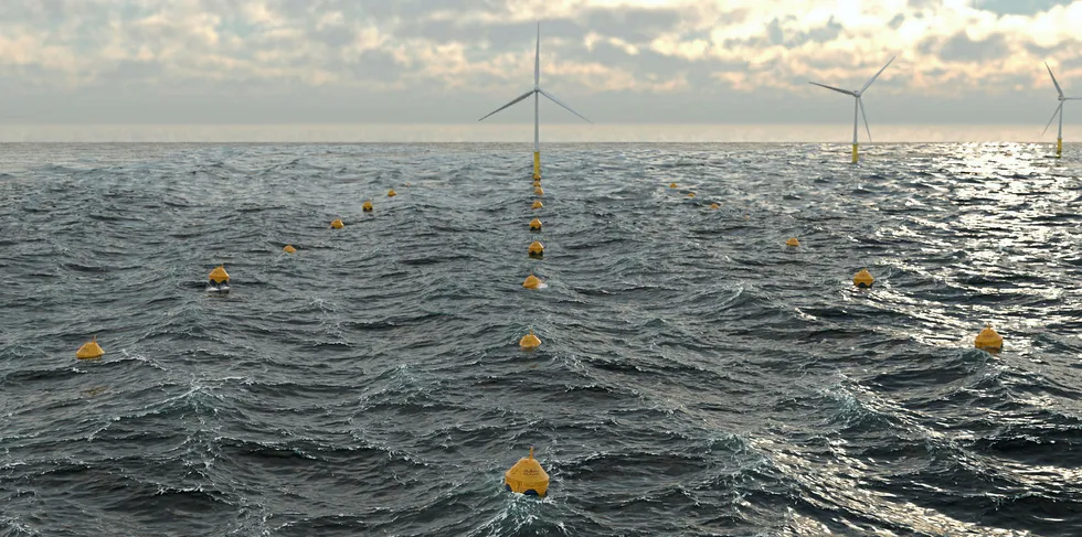 CGI of arrays of CorPower Ocean wave power devices at an offshore wind farm