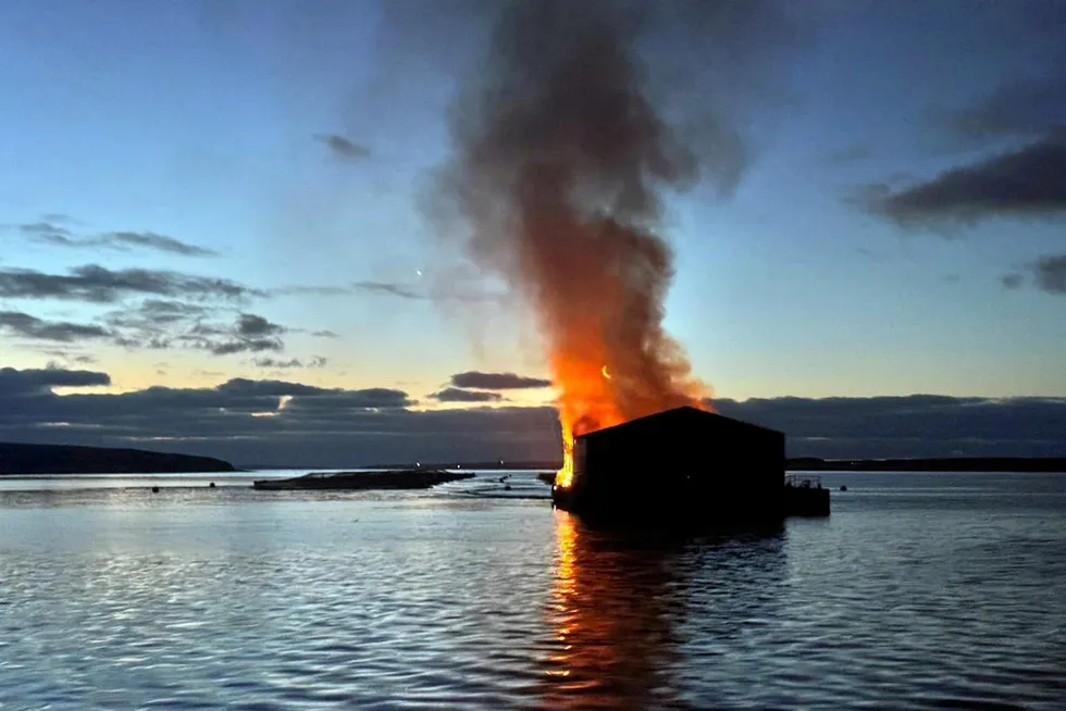 A fire broke out on a feed barge belonging to Cooke Aquaculture in Orkney, Scotland.