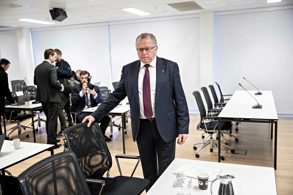 Equinor-sjef Eldar Sætre la fredag morgen frem oljeselskapets førstekvartalstall i kontorlokalene på Fornebu.