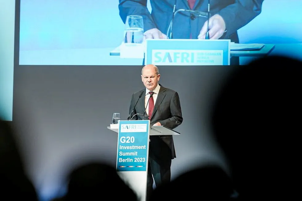 German chancellor Olaf Scholz speaking at the G20 Compact with Africa summit in Berlin.