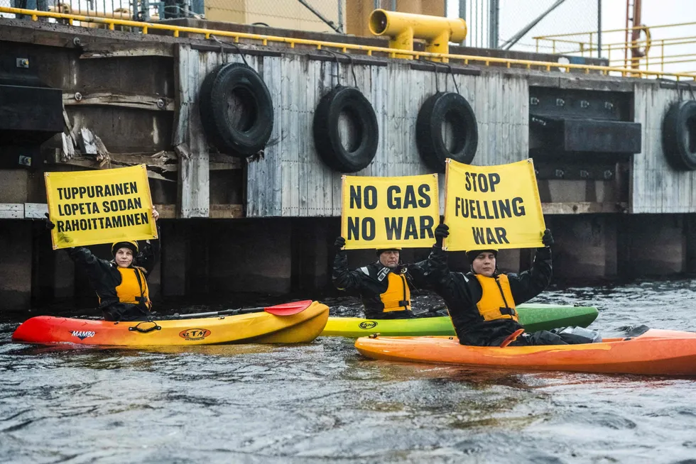 Protest: Greenpeace Norden activists block a Russian gas shipment from being offloaded at an LNG terminal in Tornio, Finland.