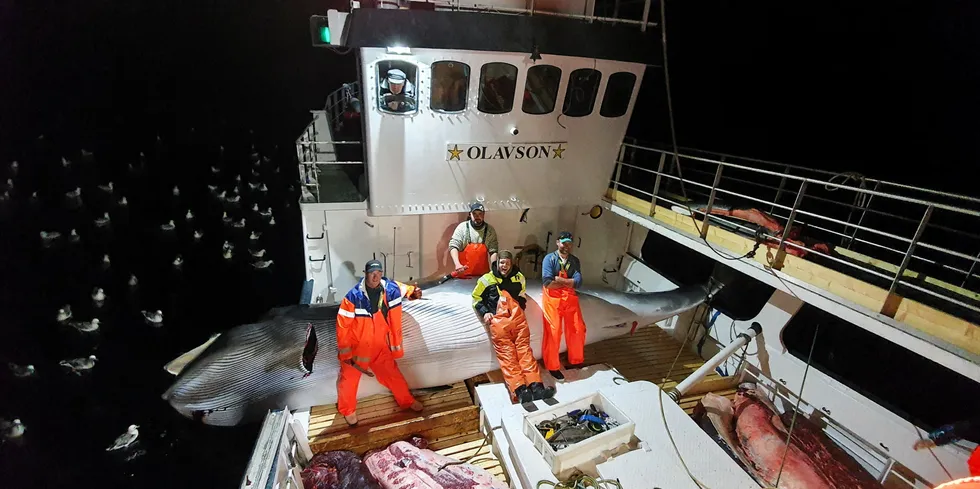 Åtte kval ble resultatet på første tur for det ferske kvalfangerteamet på «Olavson». På bildet; Olav Husa, Stig Morten Halland, Harald Wangsmo Hagen og Øystein Halland på dekk. I styrhuset Olav Pollen. Chris Martin Erstad er også en del av gjengen om bord, men er i dette tilfellet kameramann.