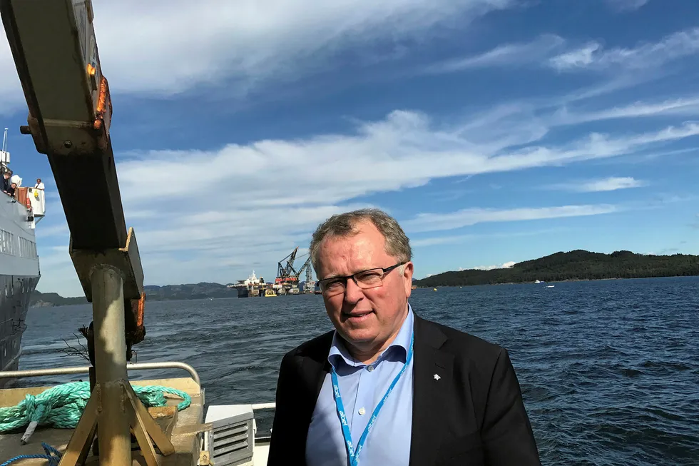 Plans: Statoil chief execuive Eldar Saetre at the Johan Sverdrup drilling platform modules lift ceremony