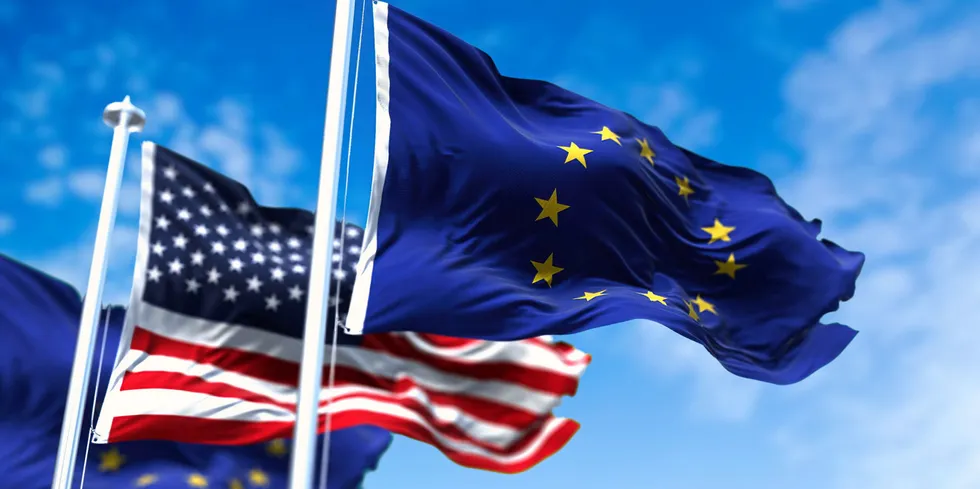 The flags of the European Union and the US waving in the wind.
