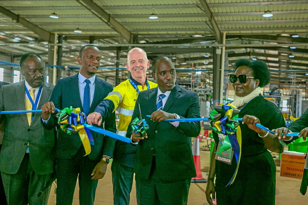 Ribbon cutting: Doto Biteko, Tanzania's Minister of Energy (second right) and Ruth Nankabirwa, Uganda’s Minister of Energy (right) at the commissioning of the EACOP pipe coating plant in Tanzania.