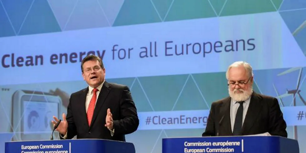 European commissioner for energy union Maros Sefcovic, left, and climate commissioner Miguel Arias Cañete launched the Energy Package back in November. Pic: Jennifer Jacquemart/EC