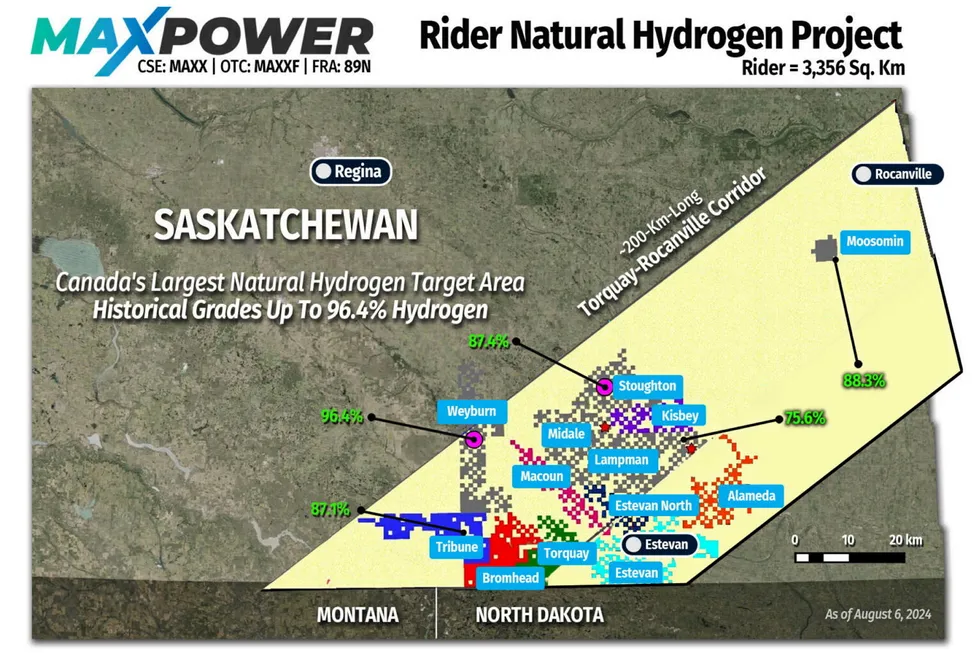 A map of all Max Power's 'claim blocks' in its Rider Natural Hydrogen Project area in southern Saskatchewan, Canada, released on 6 August.