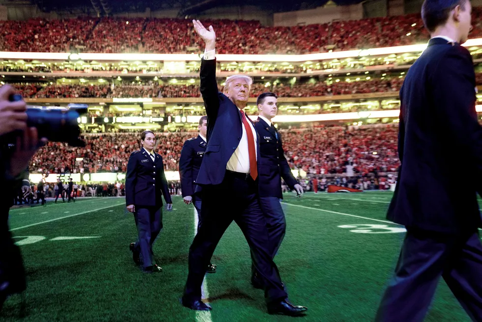 Mandag var president Donald Trump på et sportsarrangement i Atlanta. Onsdag tar han i mot Erna Solberg hjemme i Det hvite hus i Washington. Foto: Andrew Harnik/AP/NTB Scanpix