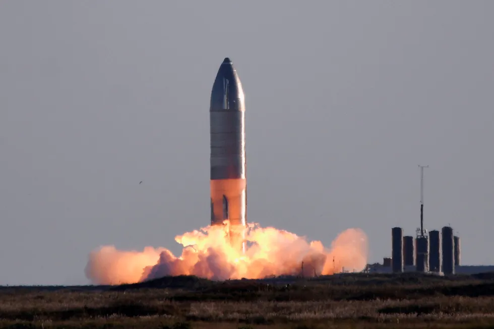 SpaceX launches its first super heavy-lift Starship SN8 rocket during a test from their facility in Boca Chica, Texas
