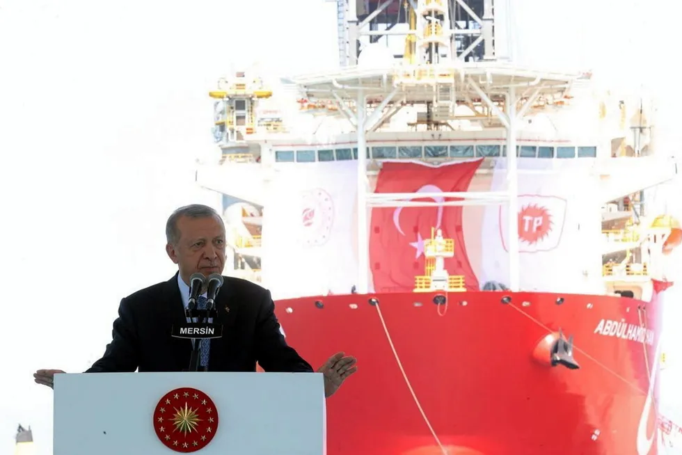Sovereign territory: Turkey’s President Recep Erdogan at a ceremony in Mersin for the sailaway of drillship Abdulhamid Han