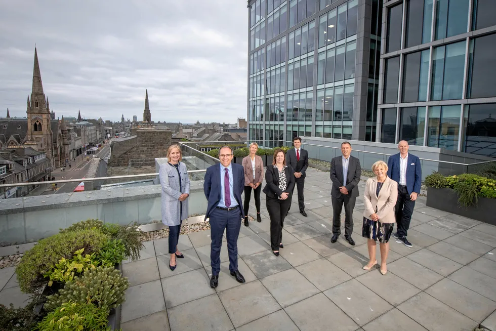 New heights: at the Silver Fin building overlooking Aberdeen are (from left) OGUK chief executive; Shell UK upstream senior vice president Simon Roddy; Shell UK corporate relations analyst upstream Florence Stanton; Shell UK human resources manager upstream Joanne Bremner; Aberdeen City Council ity Growth & Resources Committee convener Ryan Houghton; Aberdeen & Grampian Chamber of Commerce chief executive Russell Borthwick; Aberdeen City Council leader Jenny Laing; and Shell UK corporate relations manager upstream Padraig McCloskey