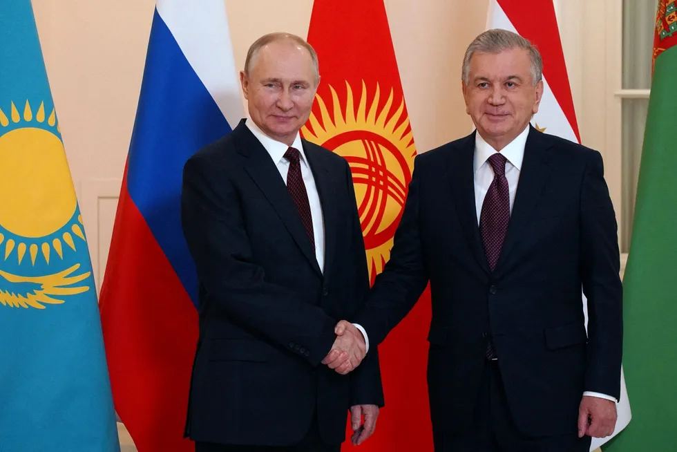 Helping hand: Russian President Vladimir Putin (left) and Uzbekistan President Shavkat Mirziyoyev.