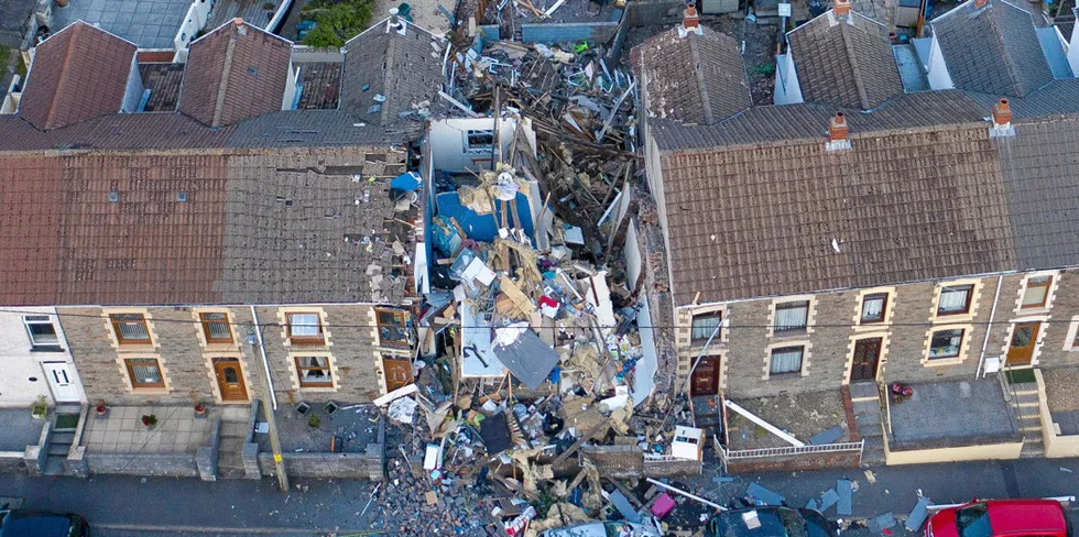 An aerial view of the scene following a gas explosion in Wales, UK. Experts warned that hydrogen’s low ignition point increases the likelihood of blasts.