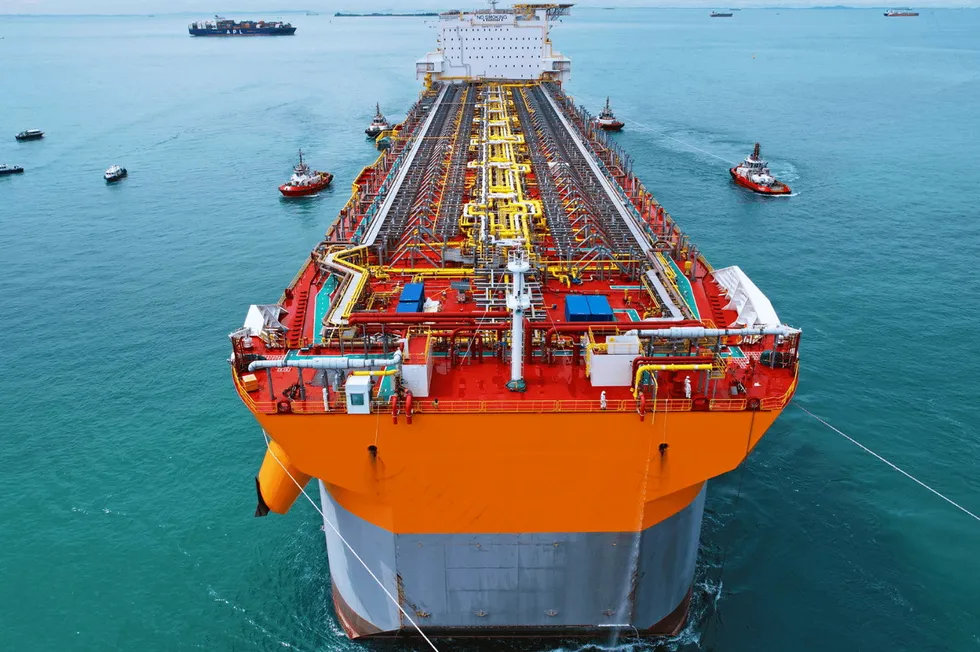 Funding: The One Guyana FPSO hull entering dry dock in Singapore.