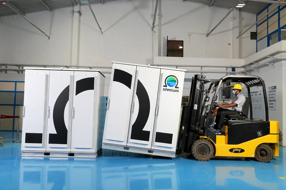 A forklift moves Ohmium's containerised PEM electrolyser.