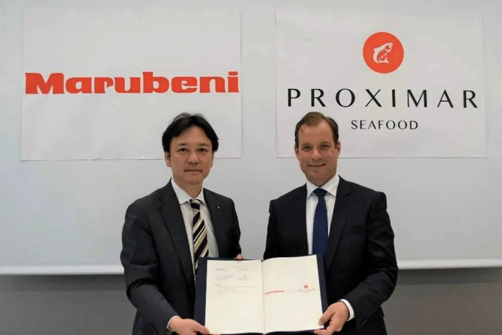 Salmon produced at the site will be distributed under a deal with Japanese conglomerate Marubeni whose General Manager of the fresh food department is pictured with Proximar CEO Joachim Nielsen (right).
