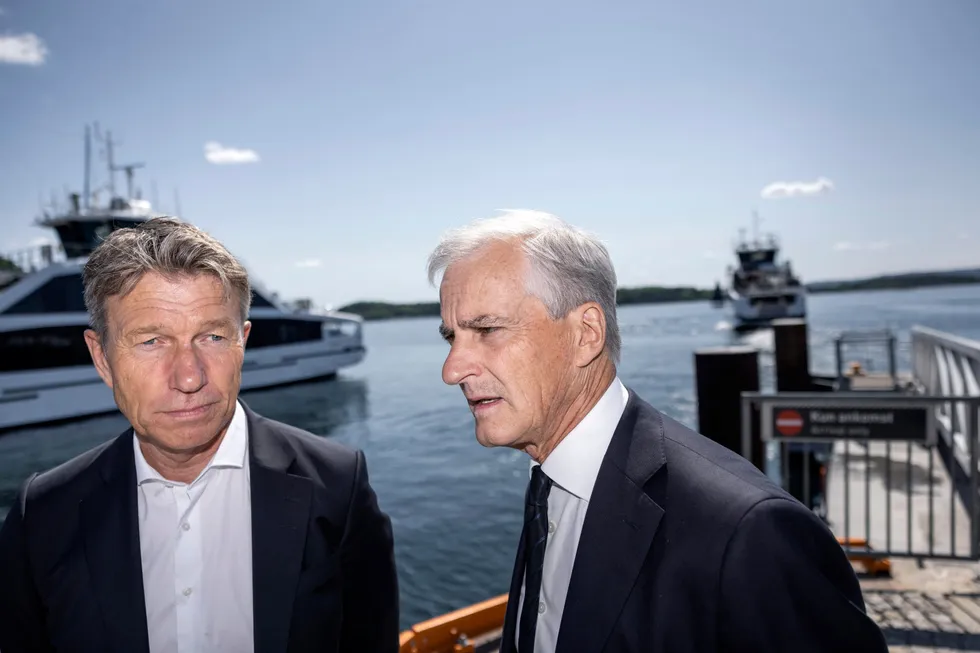 Statsminister Jonas Gahr Støre (Ap, til høyre) og olje- og energiminister Terje Aasland (Ap) om havvind.