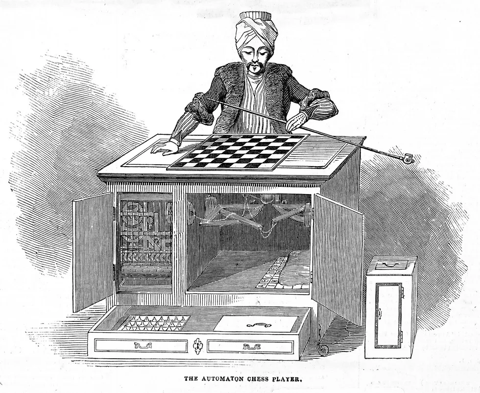 Den mekaniske tyrker: Wolfgang von Kempelen forbløffet den europeiske 1700-tallsoverklassen med sin sjakkspillende maskin «den mekaniske tyrkeren». Det viste seg senere at det bare satt en mann inne i «maskinen». von Kempelens oppfinnelse går igjen i Bår Stenviks nyutgitte «Det store spillet».