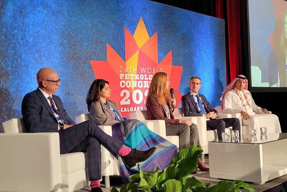 Access to capital: Raad Alkadiri, managing director for energy at Eurasia Group, first from left, addressing the audience at the 24th World Petroleum Congress in Calgary this week.