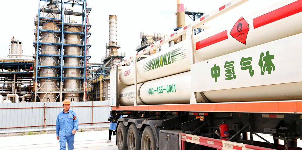A tanker loaded with hydrogen at a Sinopec facility in eastern China.