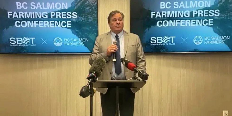 Brian Kingzett, executive director of BC Salmon Farmers Association, speaking at a press conference Wednesday about potential harms from shuttering more netpen salmon farms in British Columbia.