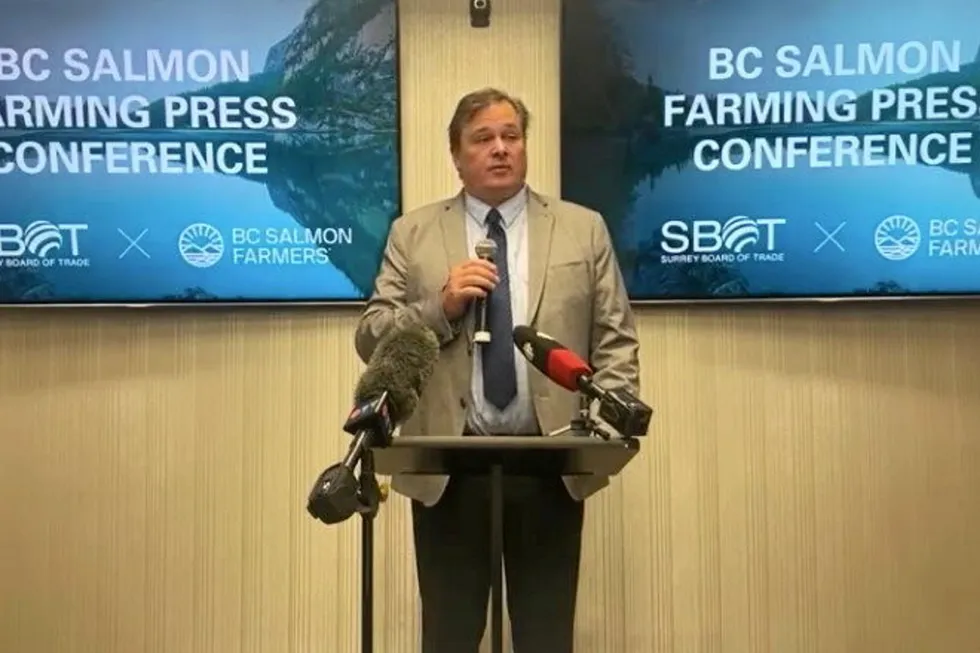 Brian Kingzett, executive director of BC Salmon Farmers Association, speaking at a press conference Wednesday about potential harms from shuttering more netpen salmon farms in British Columbia.
