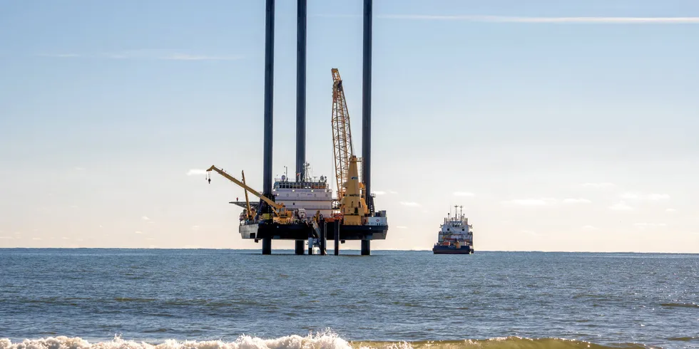 Offshore wind construction begins in New York. US-flagged lift boat Jill offshore Long Island, New York