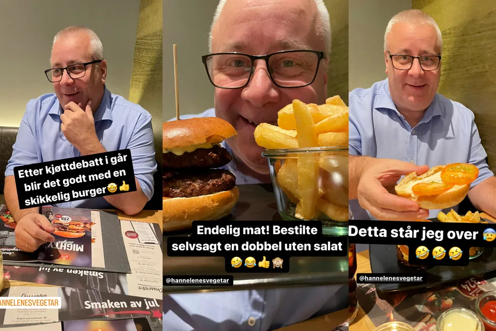 Etter en debatt om kjøttproduksjon i forrige uke koste Bård Hoksrud seg med en «skikkelig burger». Anledningen ble også brukt til å sende en hilsen til vegetarentusiast Hanne-Lene Dahlgren.
