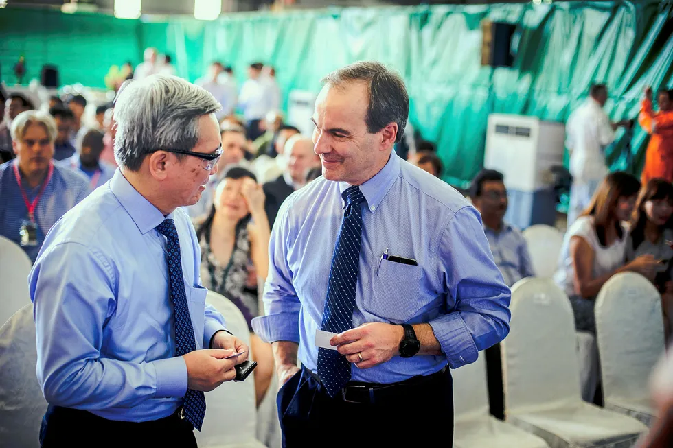 Sembcorp Marine chief executive Wong Weng Sun (left) and BP North Sea regional president Mark Thomas (right) in 2016