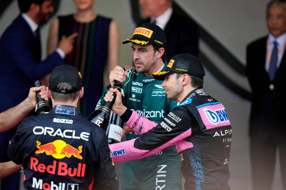Aston Martin driver Fernando Alonso, along with Red Bull driver Max Verstappen and Alpine's Esteban Ocon at the Monaco Grand Prix in 2023.