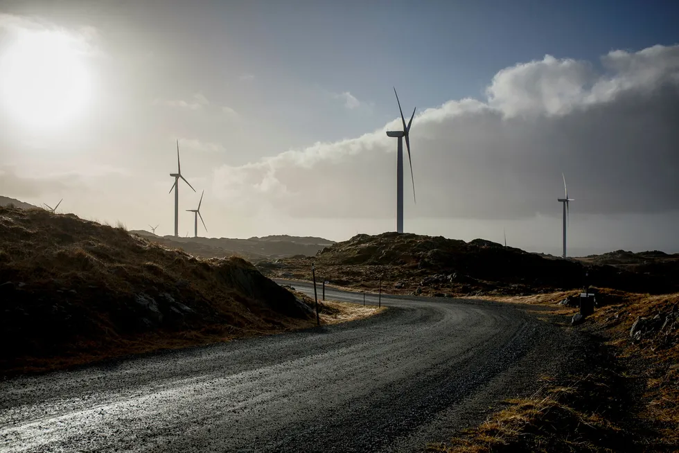 Havvind kan på sikt erstatte fossile brensler, mener innleggsforfatterne. Her fra den landbaserte vindparken Midtfjellet på Fitjar.