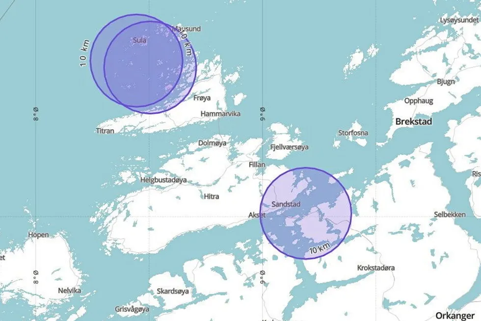 Så langt i år har det vore flest påviste tilfelle i produksjonsområde 3 og 6. Bildet viser 10-kilometers-sirkelane i PO6 i veke 32. Det kan ikkje eksporterast fisk til Australia frå lokalitetar 10 kilometer eller nærmare ein ILA-smitta lokalitet.