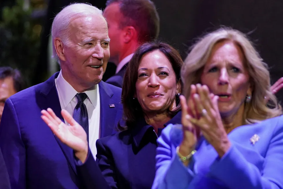 From left: U.S. President Joe Biden, Vice President Kamala Harris and First Lady Jill Biden attend a welcome reception for leaders of the Asia-Pacific Economic Cooperation (APEC) in San Francisco, California, on November 15, 2023.