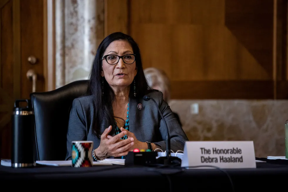 Historic: US Representative Deb Haaland speaking during a Senate Committee on Energy and Natural Resources hearing on her nomination to be Interior Secretary in February