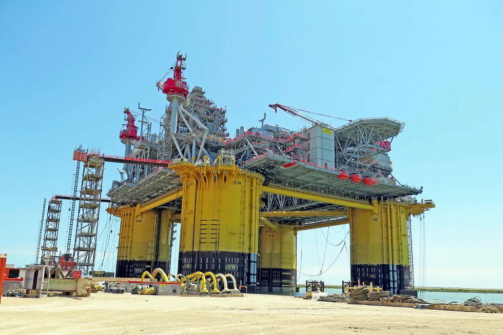 Sign of the times: Shell’s Appomattox production semi-submersible at Kiewit Offshore Services in Ingleside, Texas