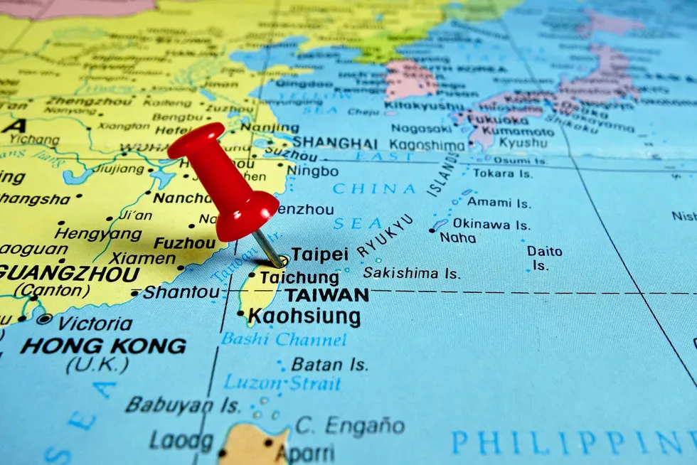 Pushpin marking on Taiwan map . Taiwan.