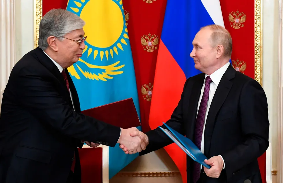 Talks: Kazakhstan’s President Kassym-Jomart Tokayev (left) and Russia’s President Vladimir Putin at the Kremlin in Moscow.