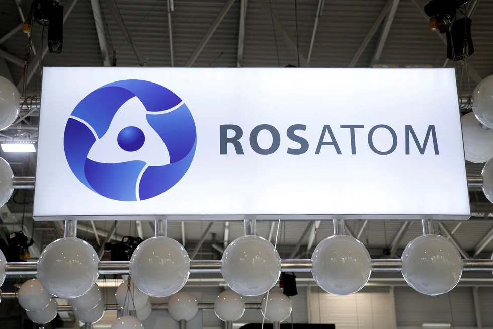 Breaking molecules: the logo of Russian nuclear conglomerate Rosatom pictured at an exhibition in France