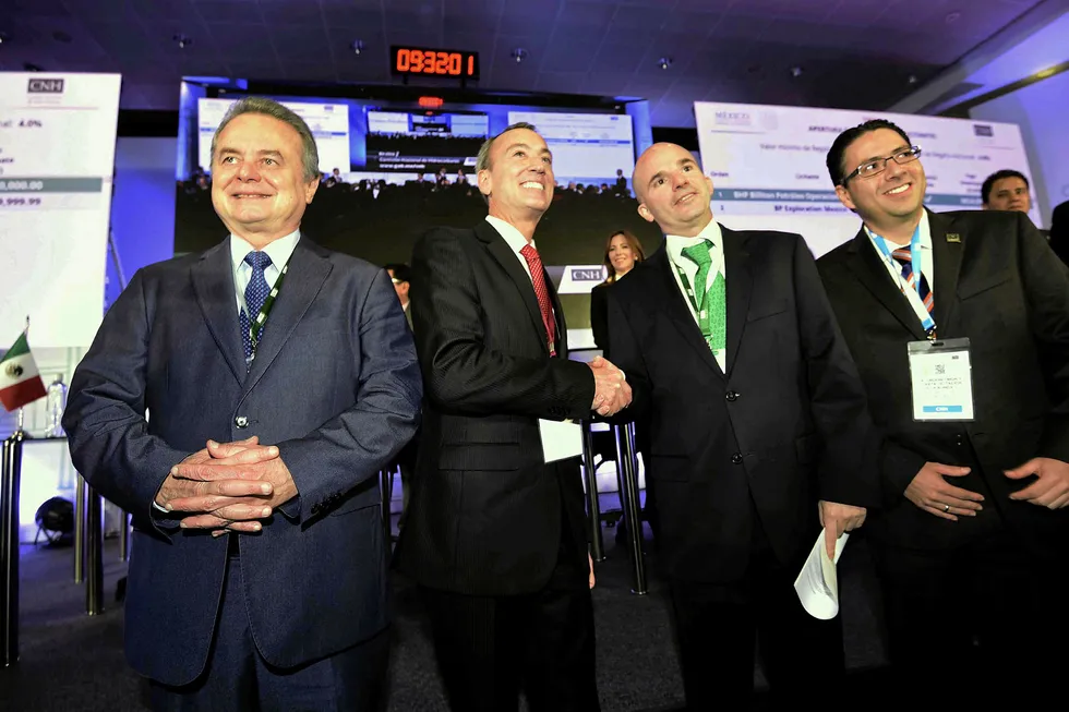 Flashback: from left, Mexican Energy Minister Pedro Joaquin Codwell, BHP representative Timothy Callahan, Pemex president Jose Antonio Gonzalez and CNH president Juan Carlos Zepeda after BHP won the Trion auction