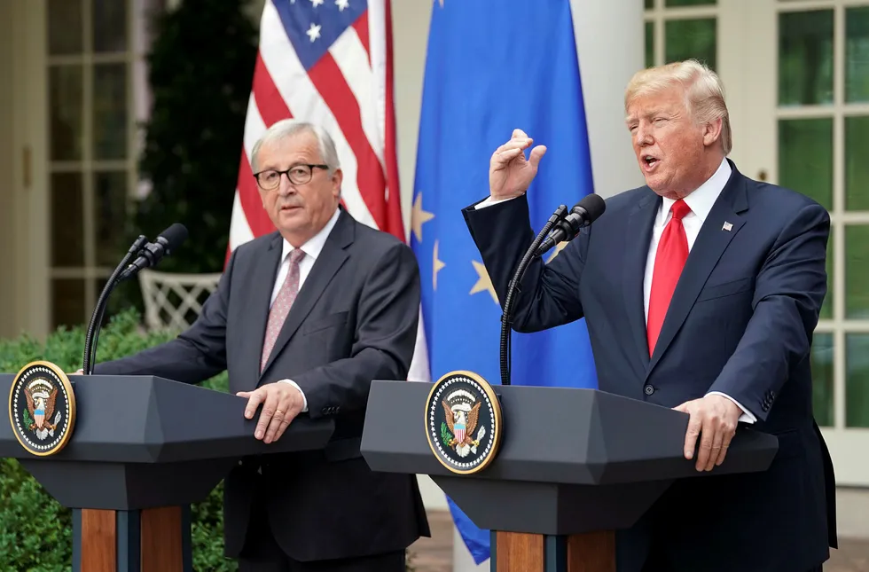 President Donald Trump skrøt av avtalen med EU på en pressekonferanse i Rosehagen etter møtet med Europakommisjonens president Jean-Claude Juncker i Det hvite hus onsdag. Foto: Pablo Martinez Monsivais/AP/NTB Scanpix