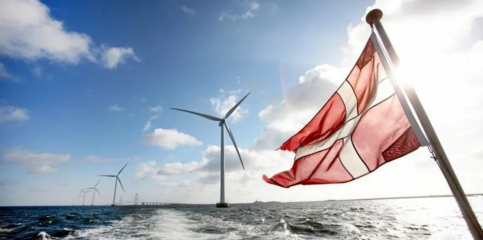 Danish flag flies with Sprogø wind farm in the background