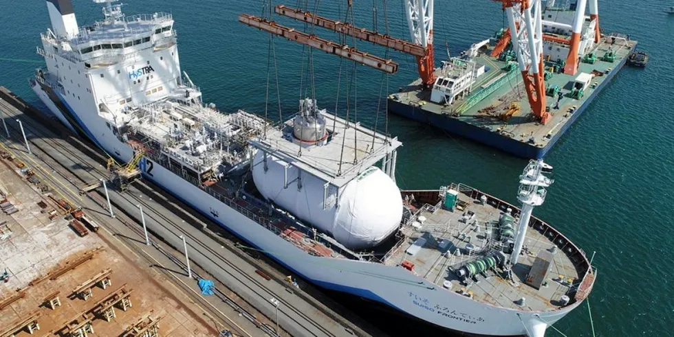 The Suiso Frontier, complete with liquefied-hydrogen storage tank, pictured at port in March 2020.
