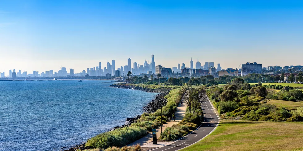 A wide landscape of the city of Melbourne and St Kilda, as seen from Point Ormond.